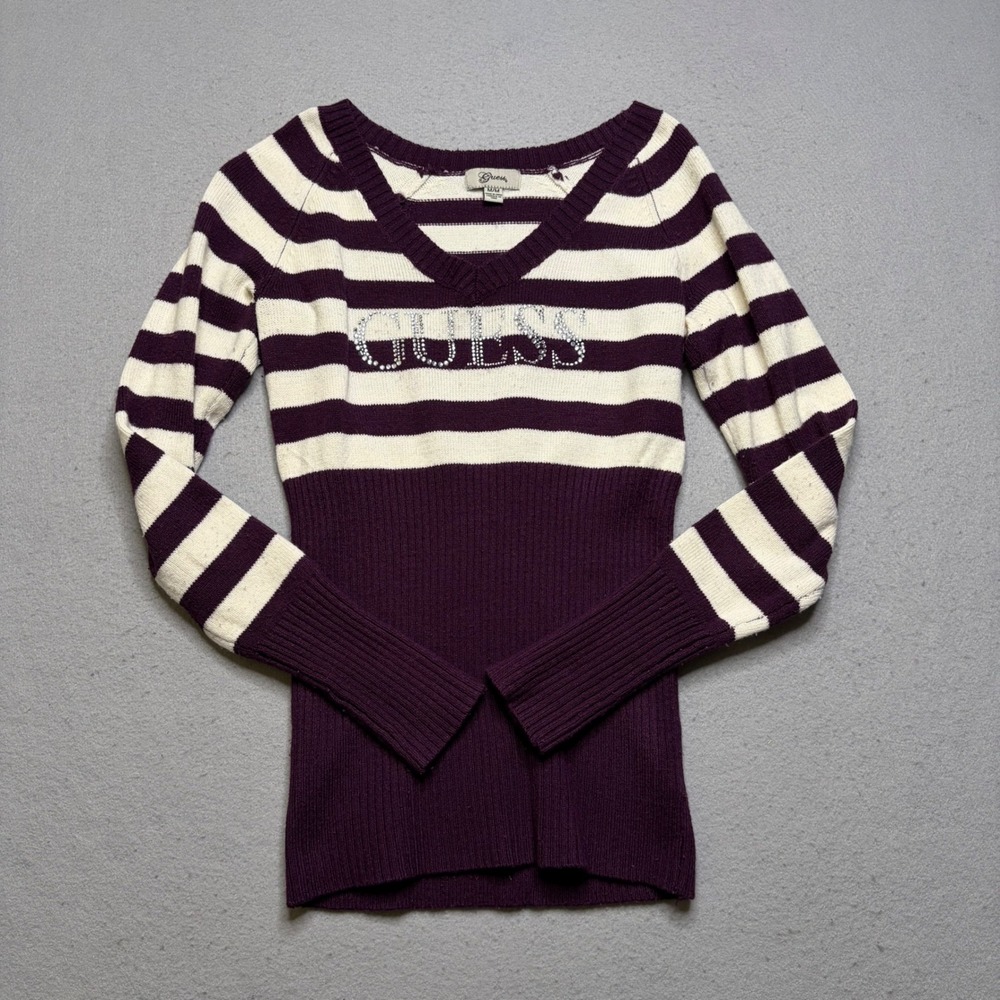 Guess Sweater Women Medium Purple Striped Rhinestone Logo Y2K V-Neck Ribbed
